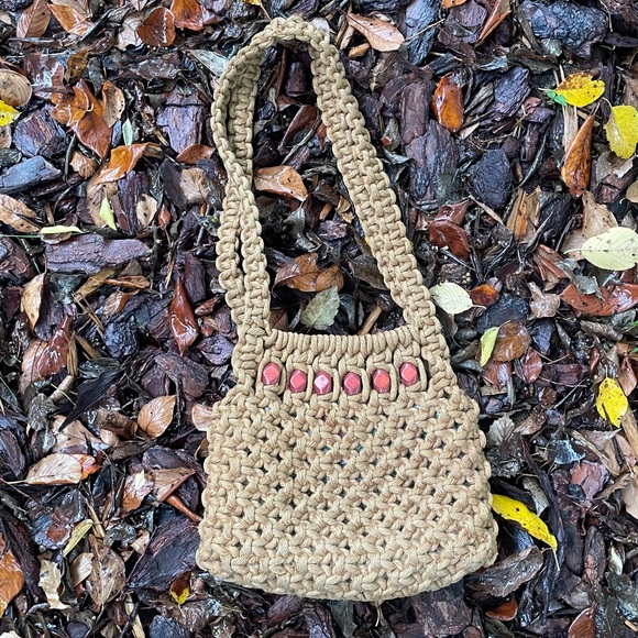 Vintage Handbags - 1970s vintage cottagecore macrame woven purse shoulder bag beaded crochet